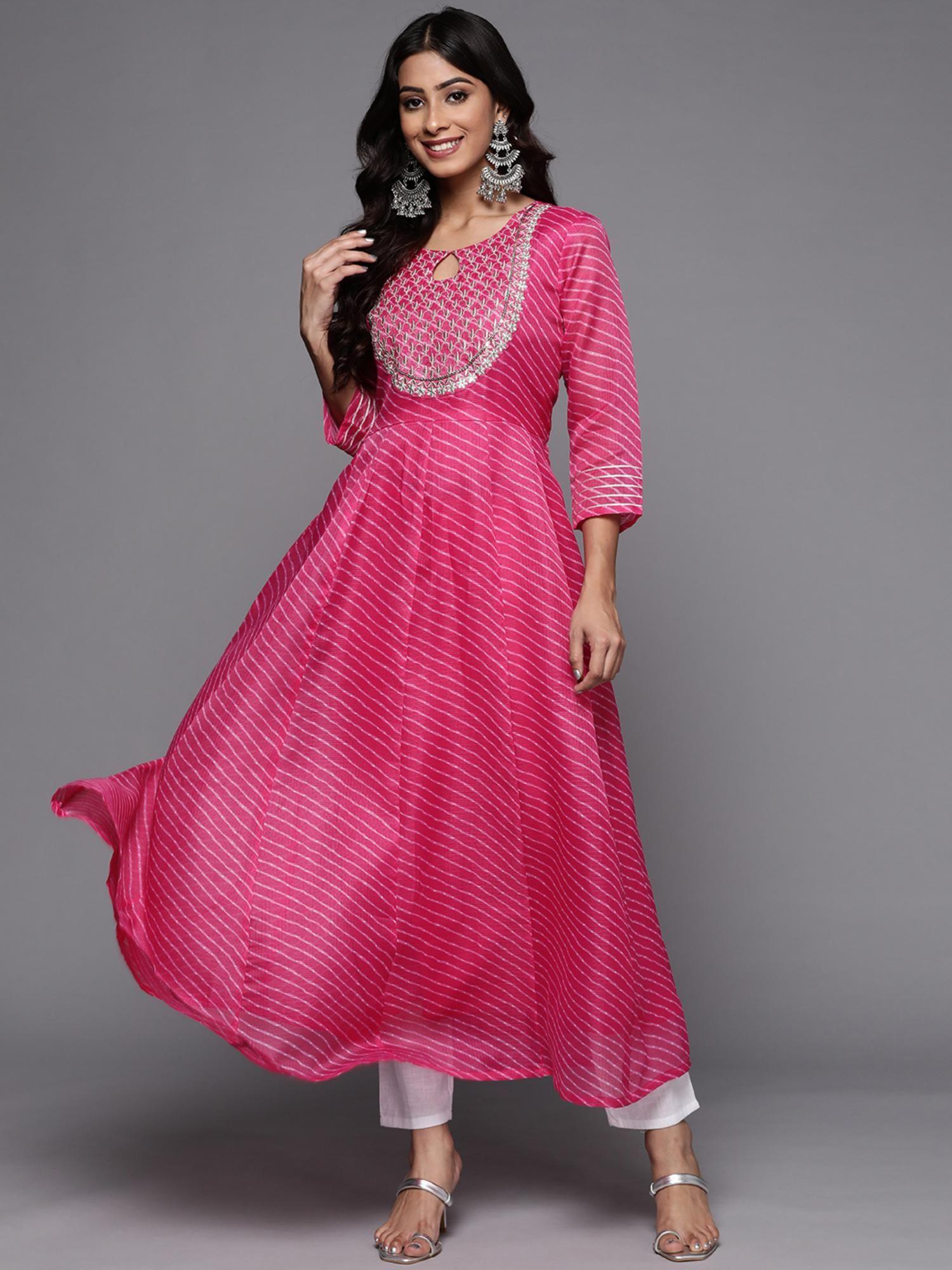 pink lehariya printed anarkali emroidered kurta