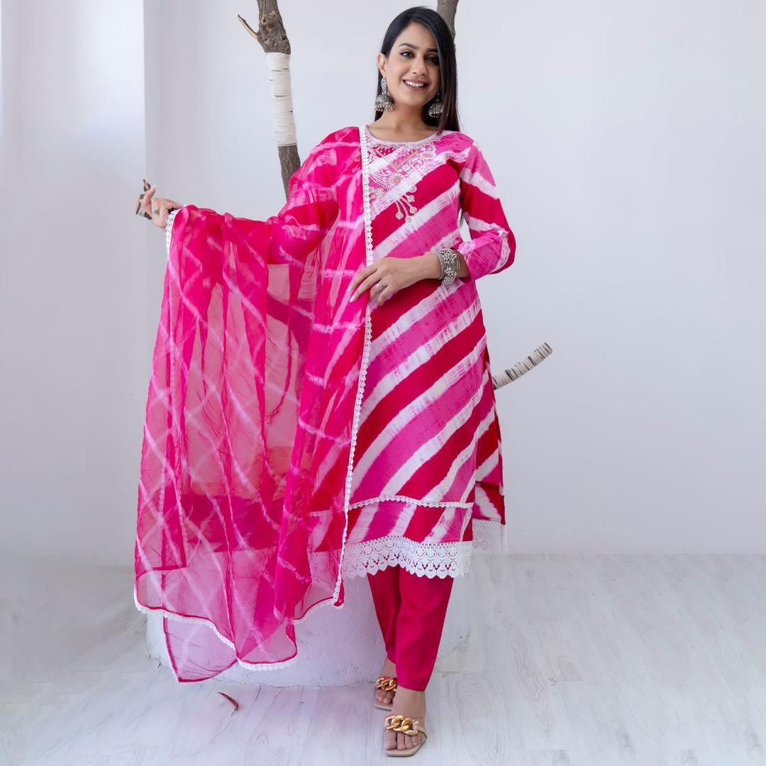 pink lehariya suit set
