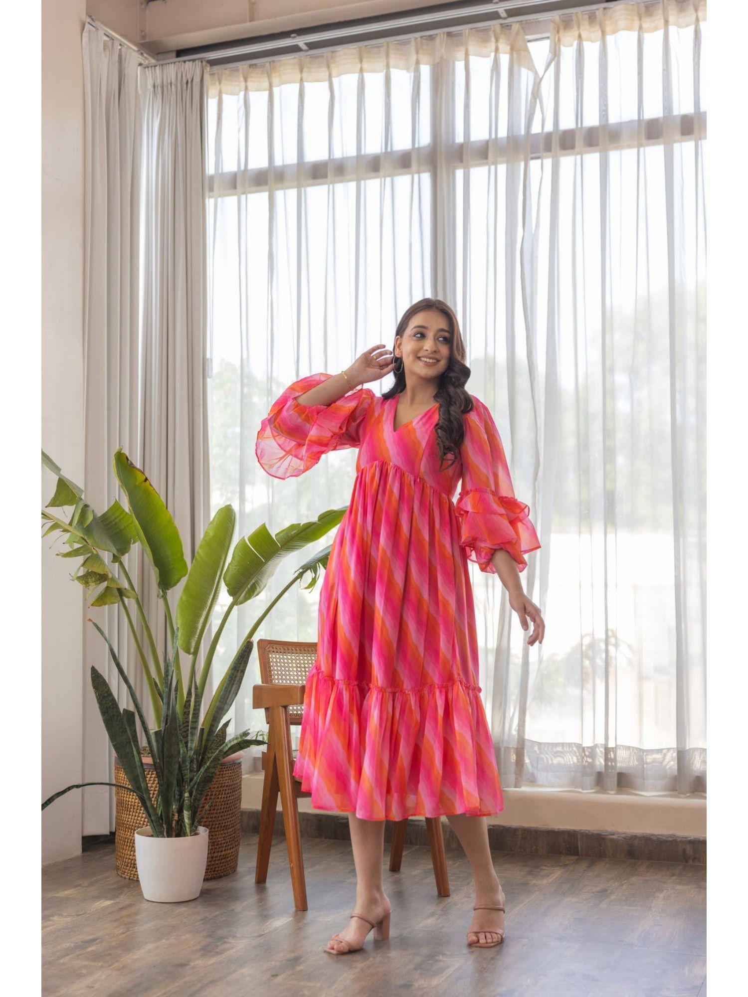 pink leheriya print flared nursing maxi dress