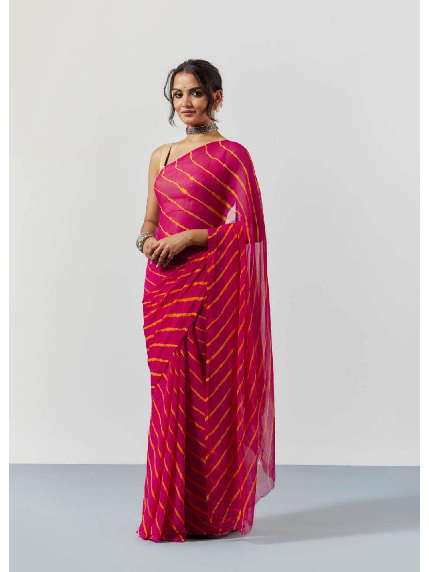 pink leheriya stripes chiffon saree with unstitched blouse