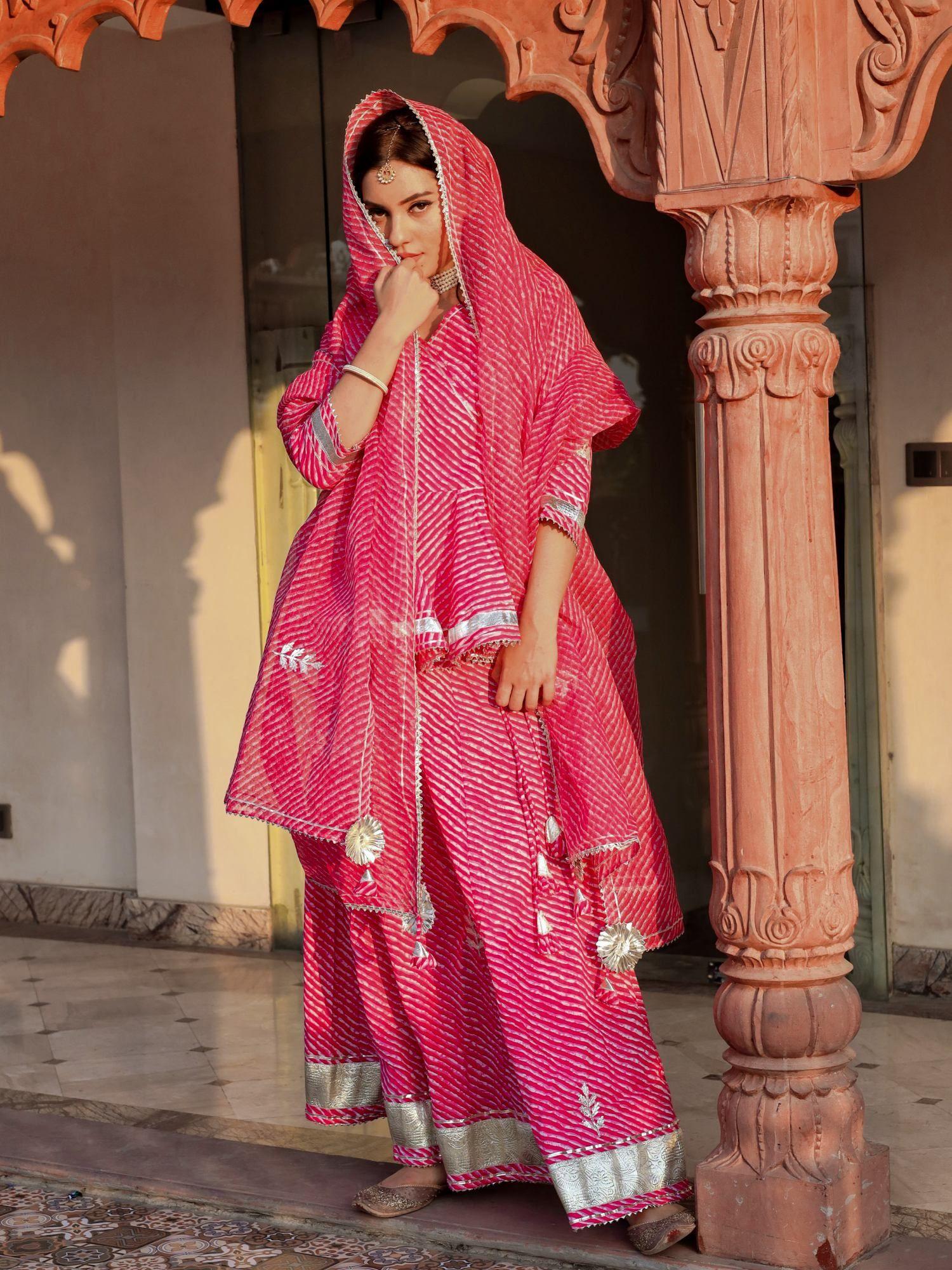 pink lehriya lehenga dupatta set (set of 3)