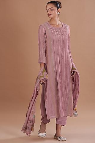 pink linen chanderi & cotton satin kurta set