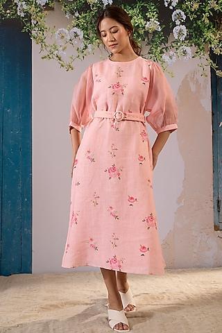 pink linen digital printed dress with belt
