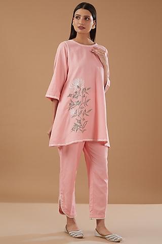 pink linen embroidered kurta set