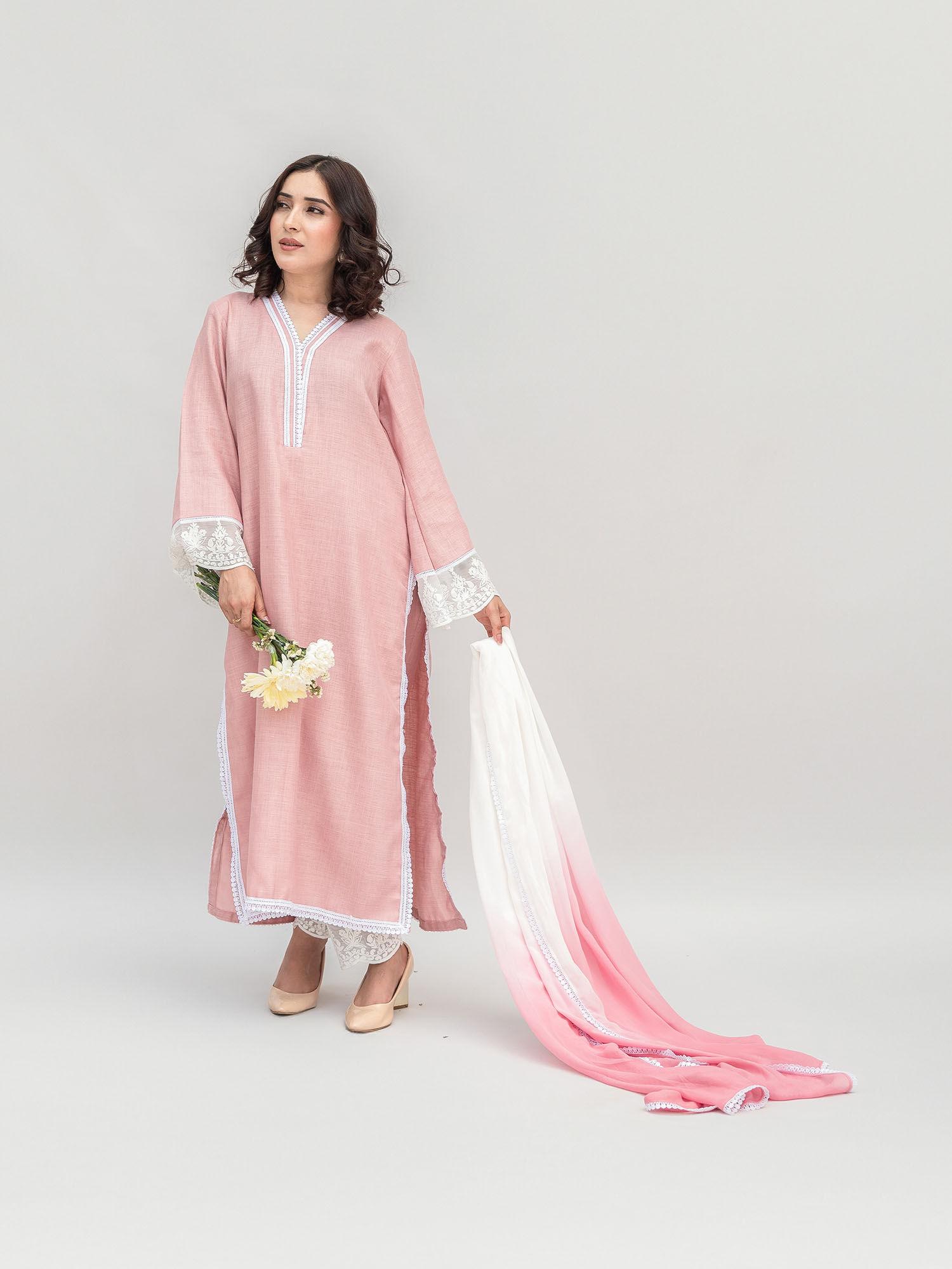 pink linen kurta with pant and dupatta (set of 3)