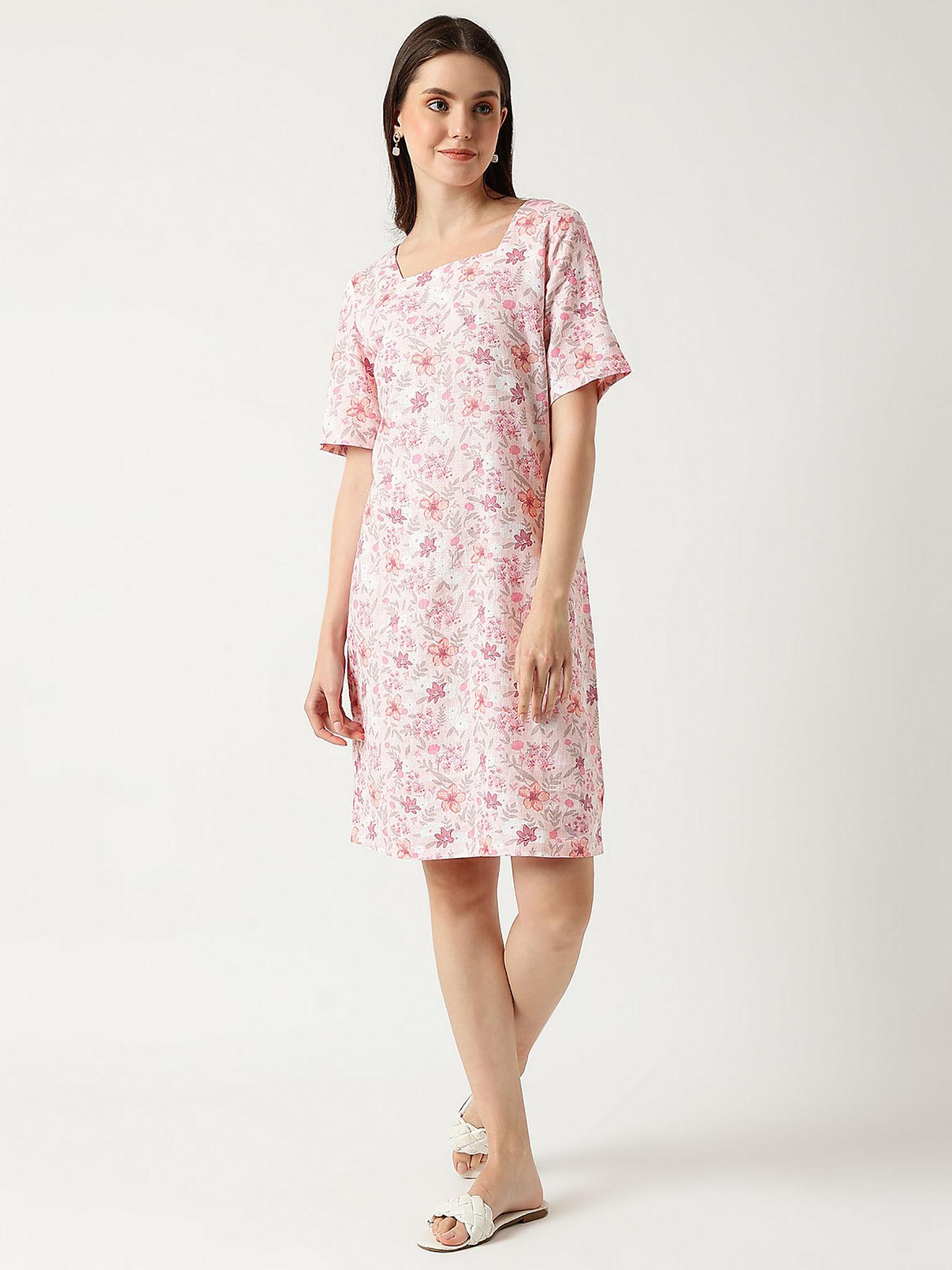 pink linen mix floral square neck dress