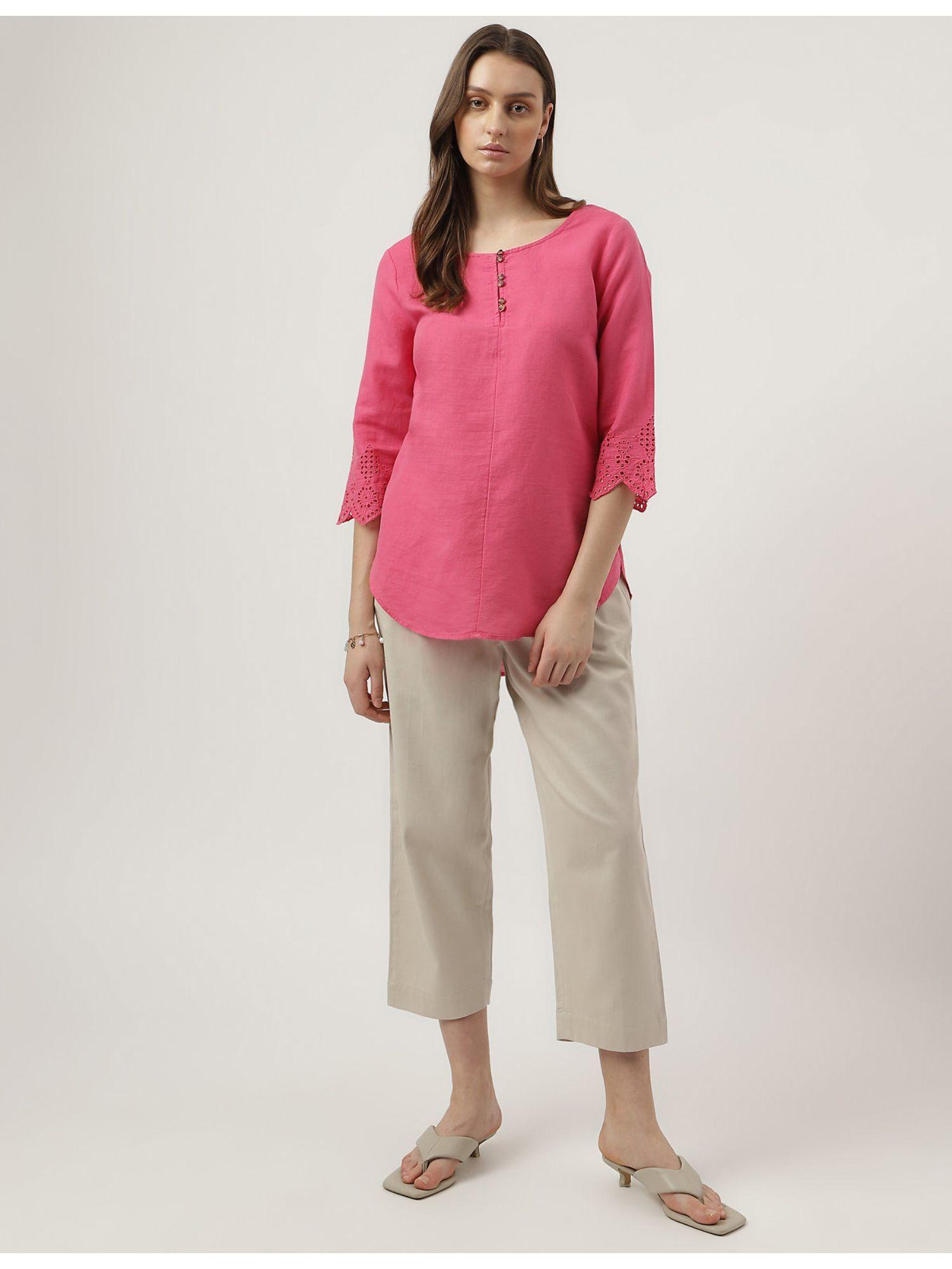 pink linen mix plain round neck tunic