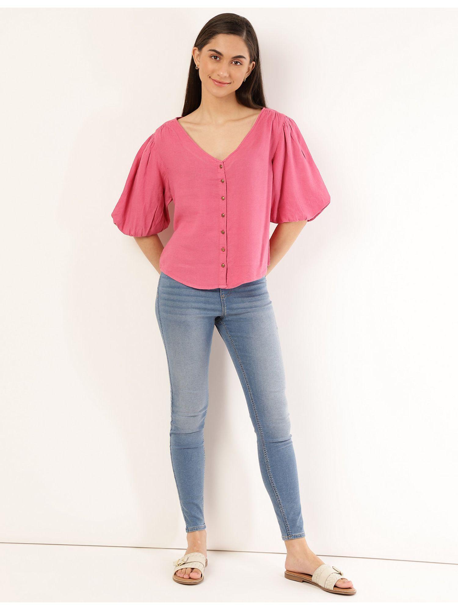pink linen mix plain v-neck blouse