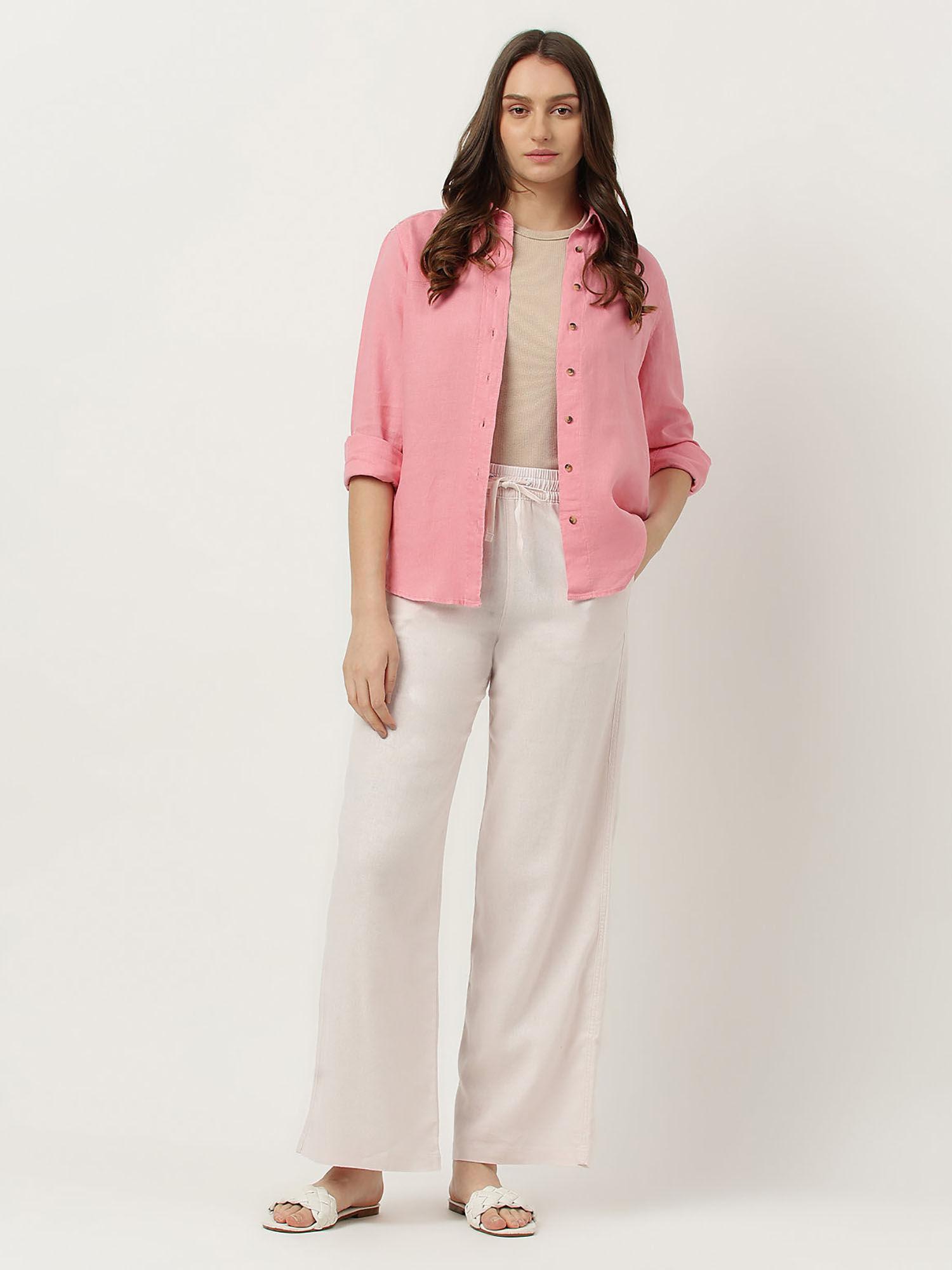 pink linen mix wide leg drawstring trousers