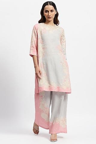 pink linen printed & french lace embroidered kurta set