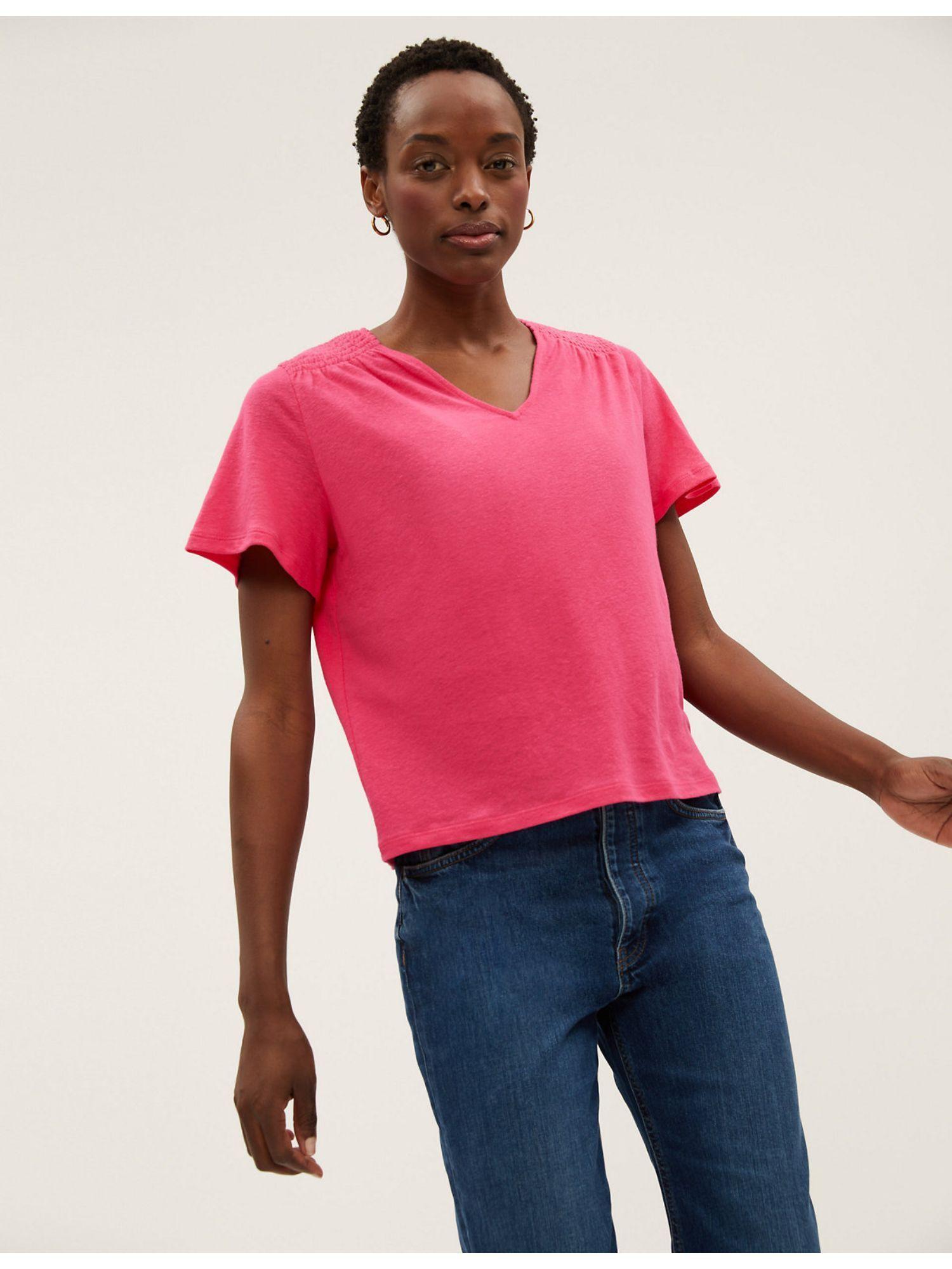 pink linen rich v-neck smocked detail t-shirt