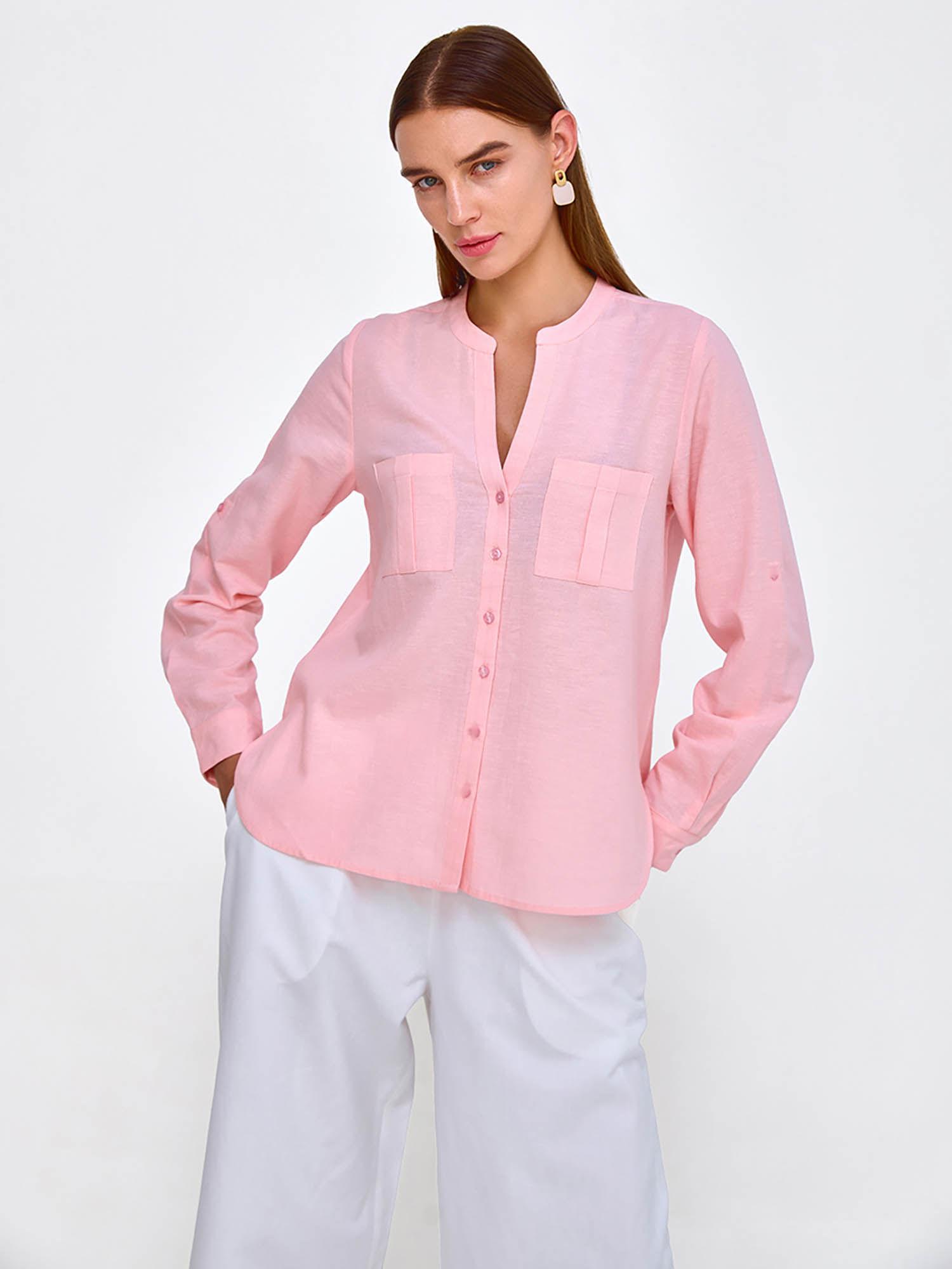 pink linen solid mandarin neck shirt