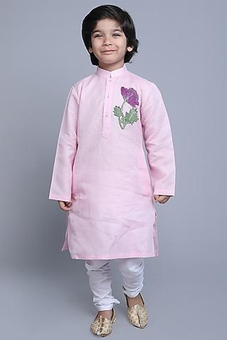 pink linen zari & thread kurta set for boys