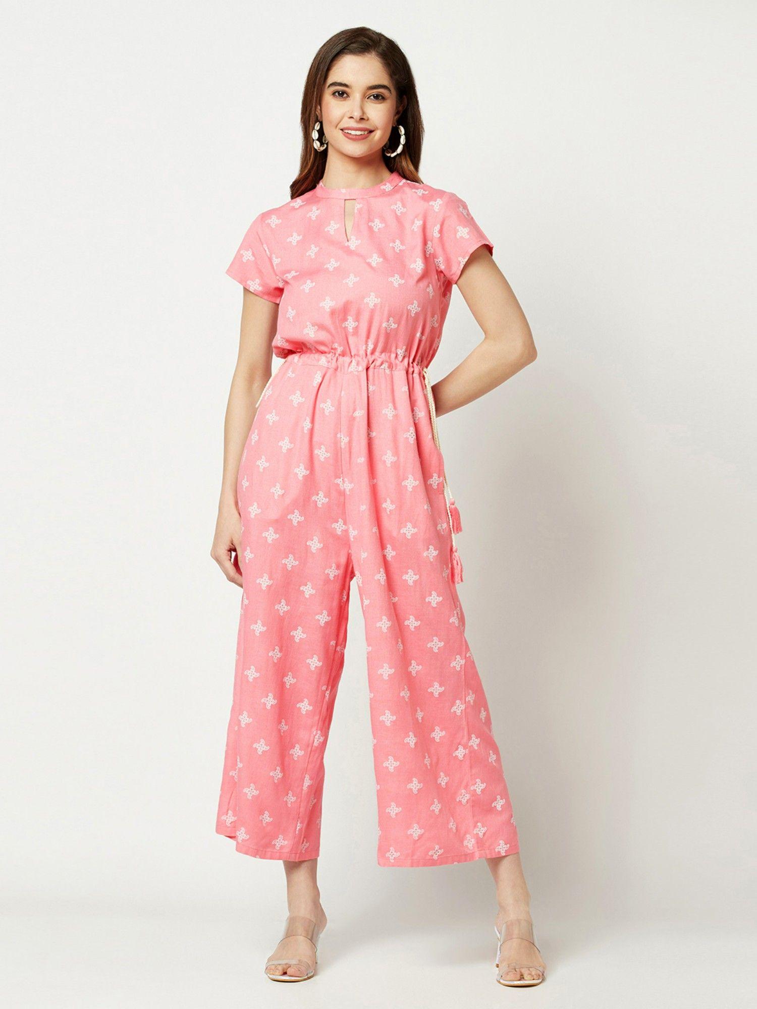 pink lippan print flared jumpsuit