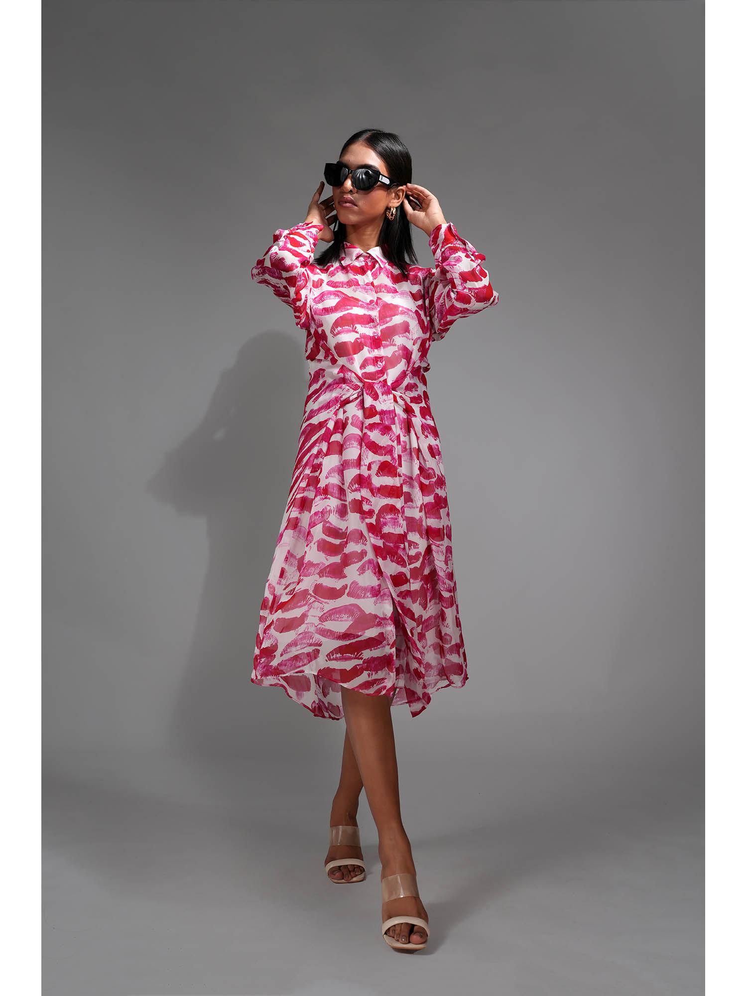 pink lips printed georgette shirt dress