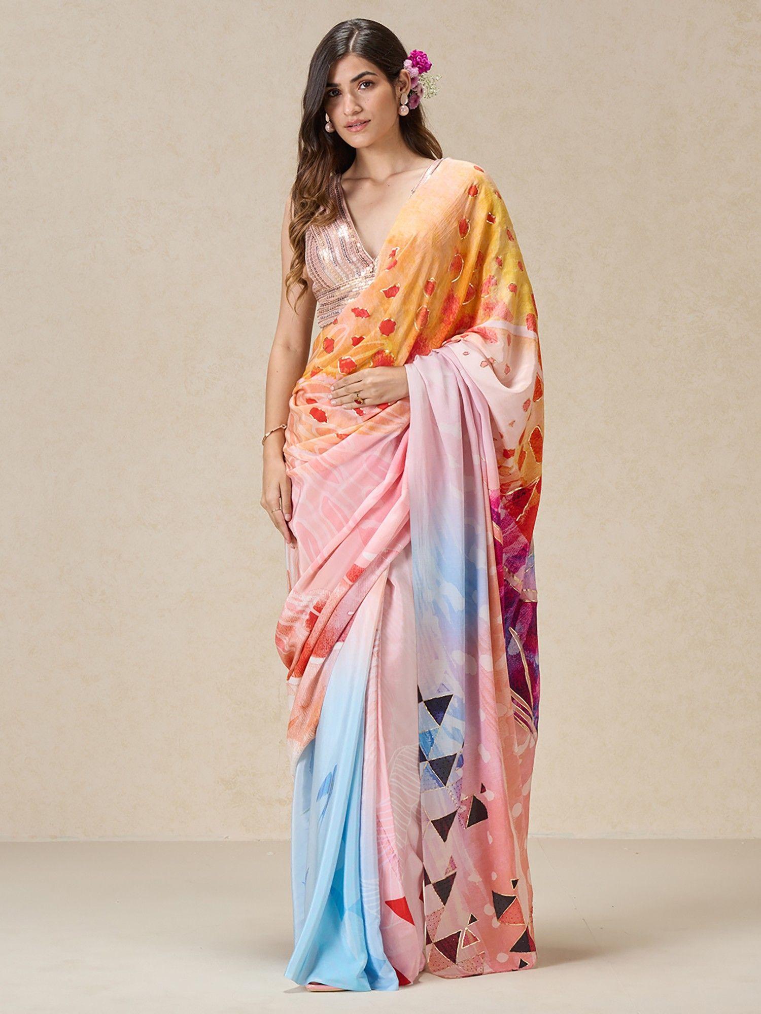 pink liva crepe print saree with unstitched blouse