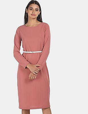 pink long sleeve solid sheath dress