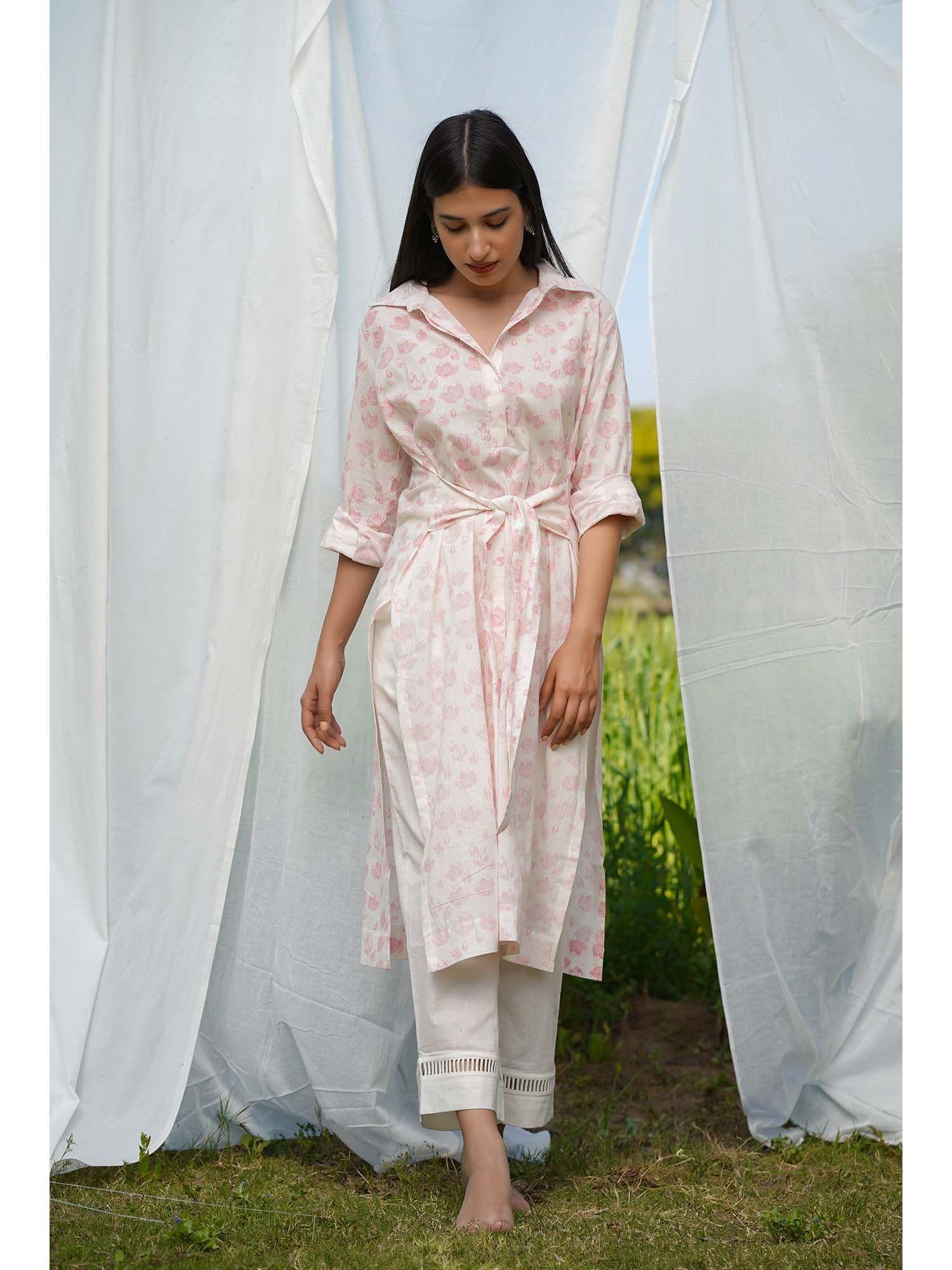 pink lotus front- tie kurta