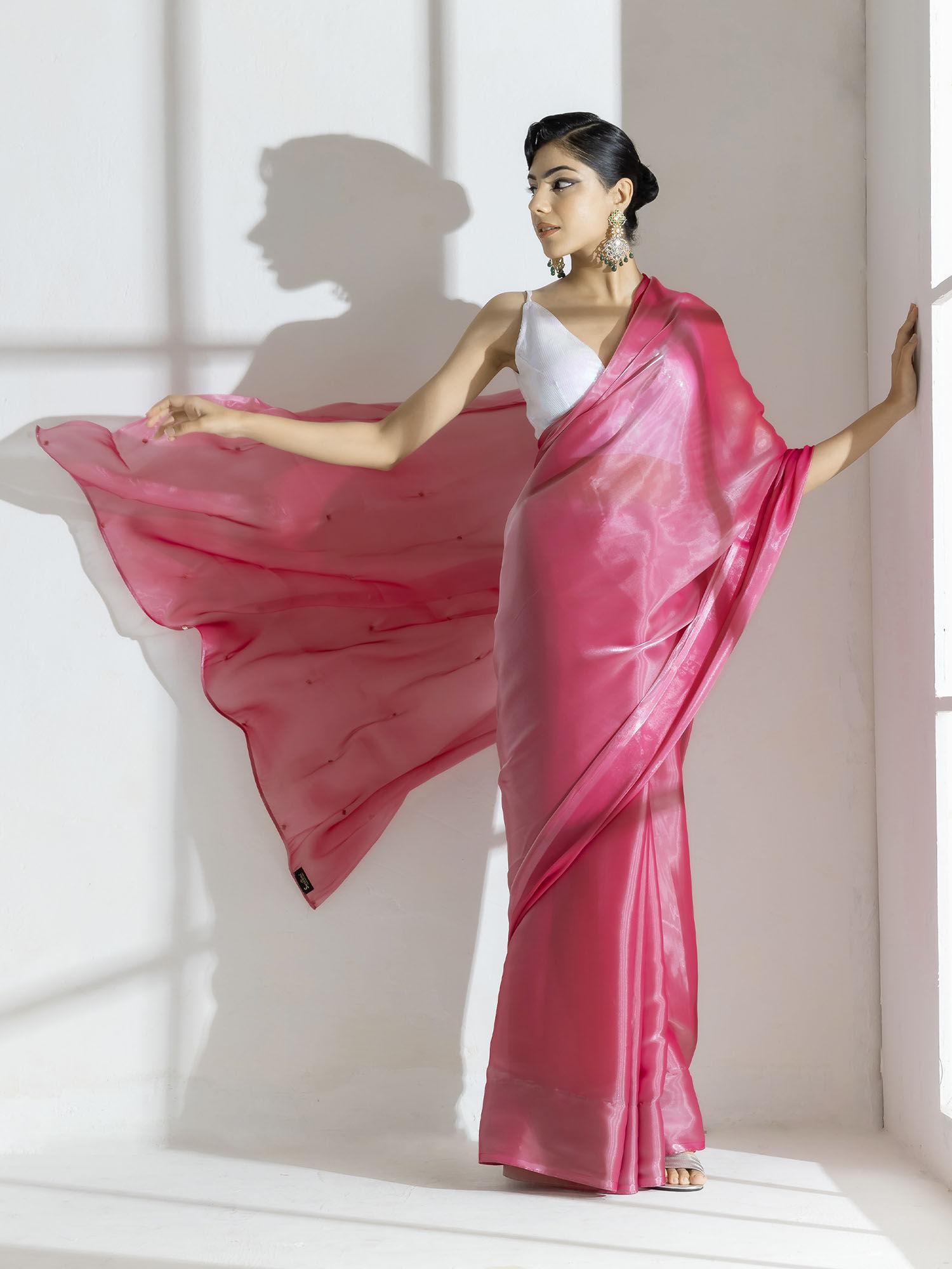 pink lotus satin organza with diamond beads on pallu