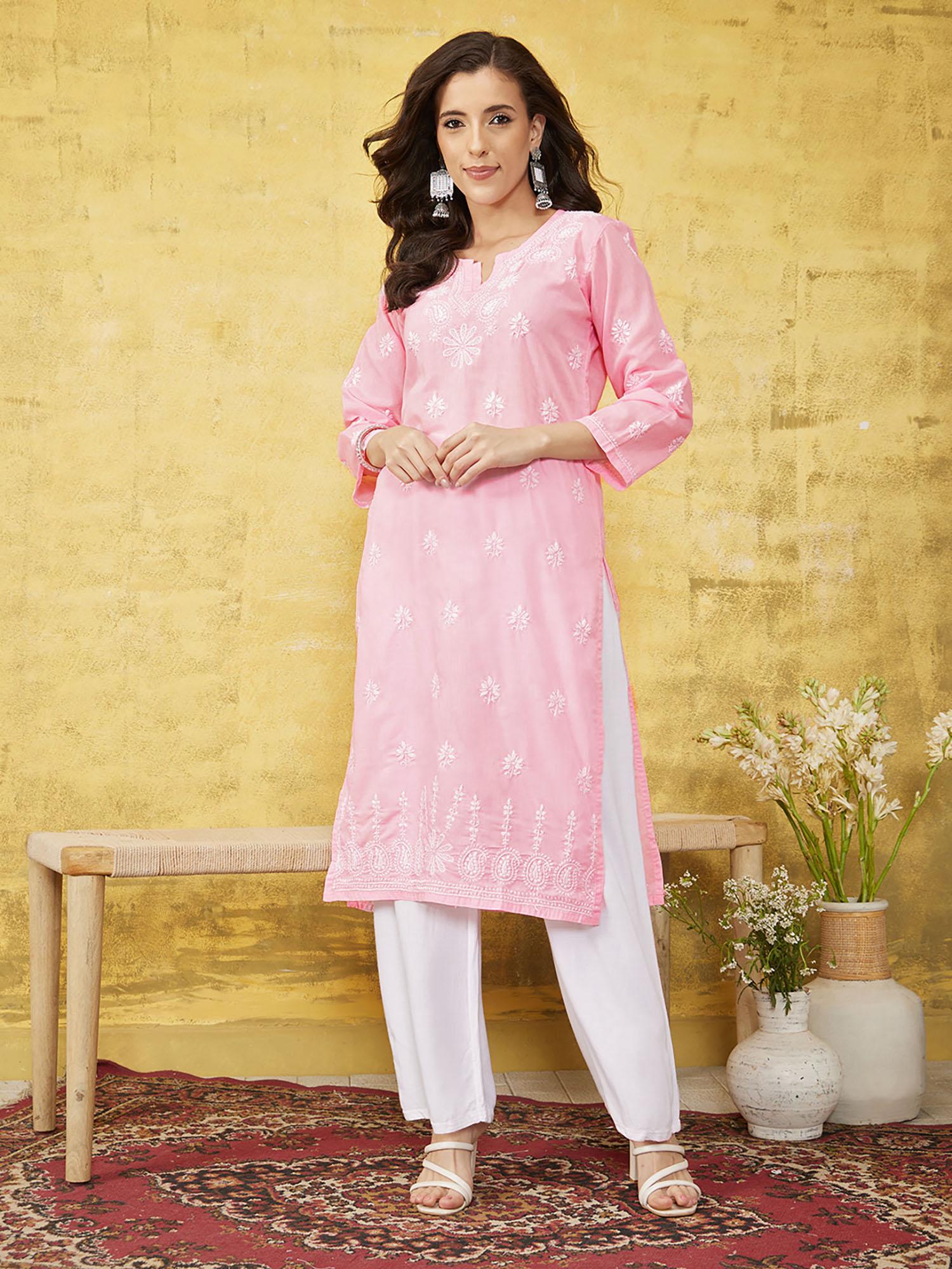 pink lucknowi chikankari cotton kurta (xs) (a100360)