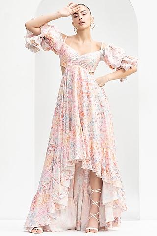 pink lurex jacquard printed ruffled dress