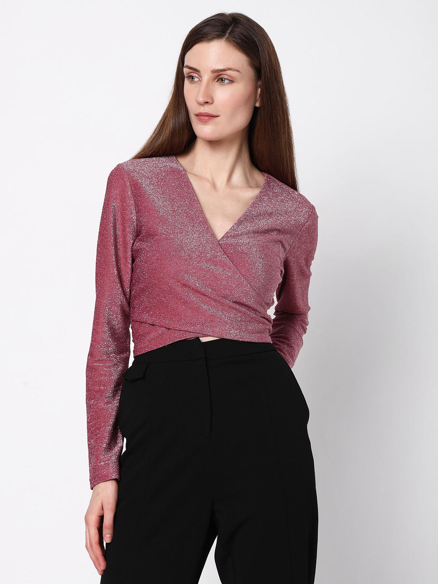 pink lurex knit wrap top