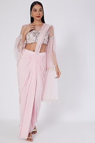 pink lycra draped saree set