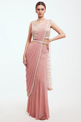 pink lycra net embellished pre-stitched saree set