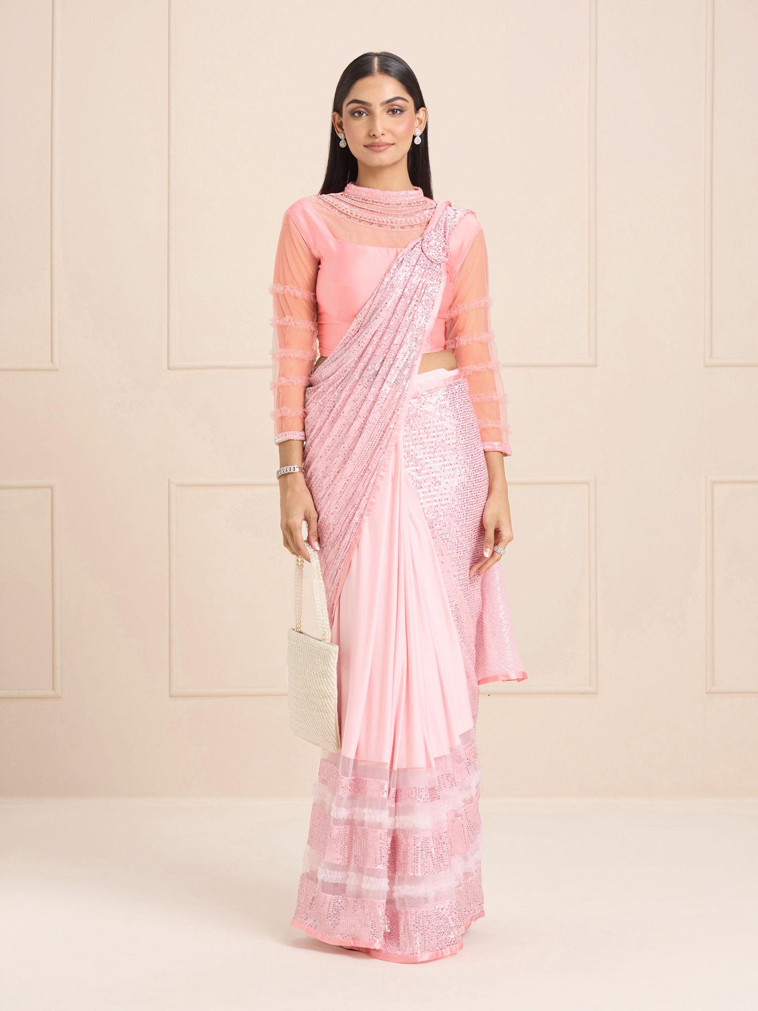 pink lycra pre stitched sequined beads and stones saree with semi-stitched blouse