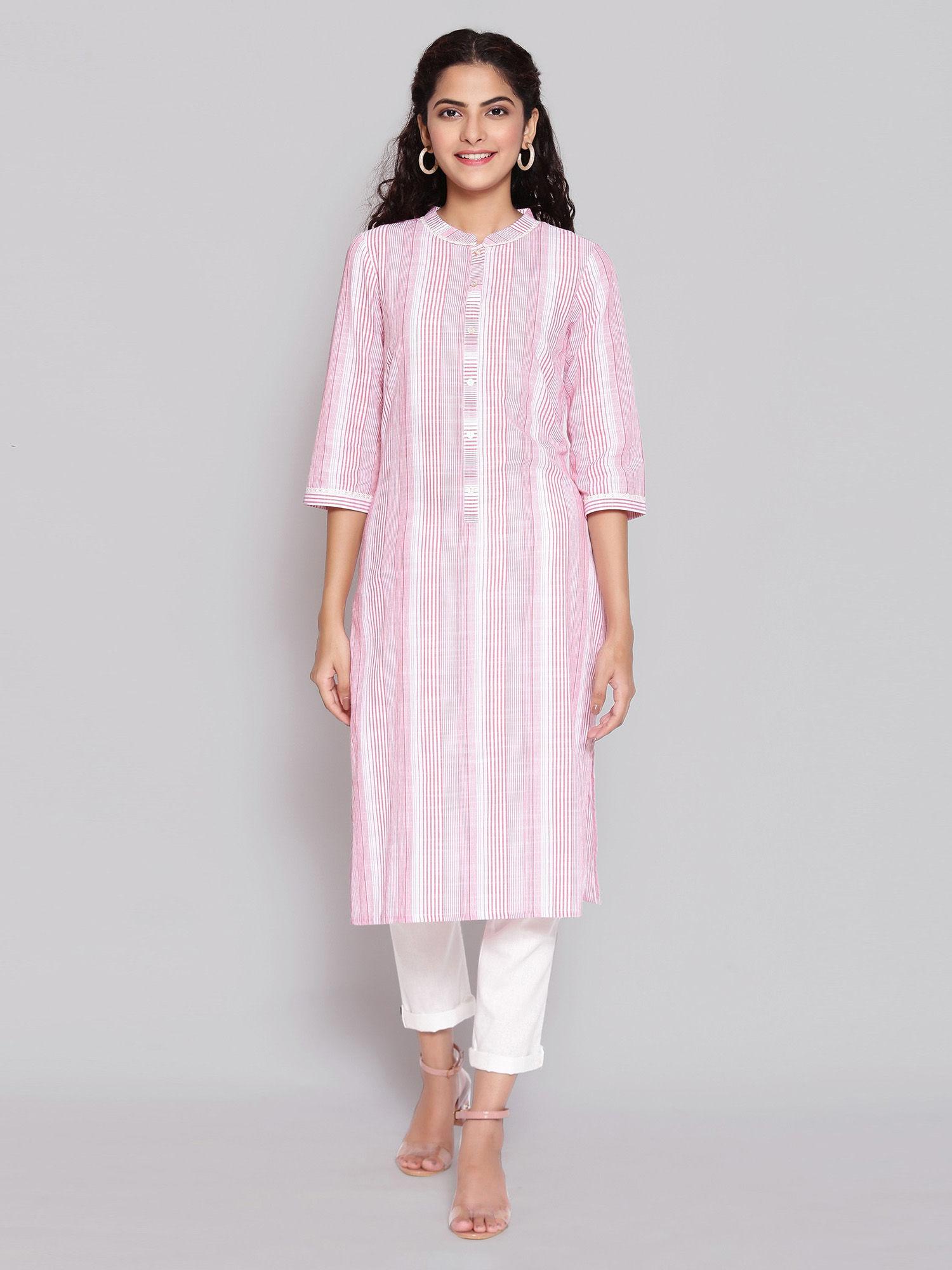 pink mandarin collar yarn-dyed kurta