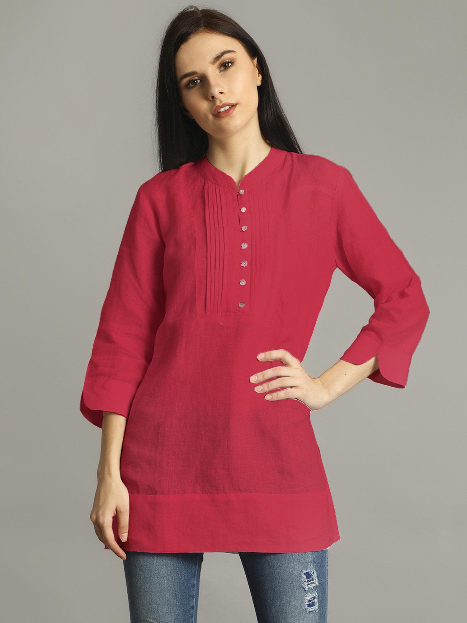 pink mandarin neck pleated tunic