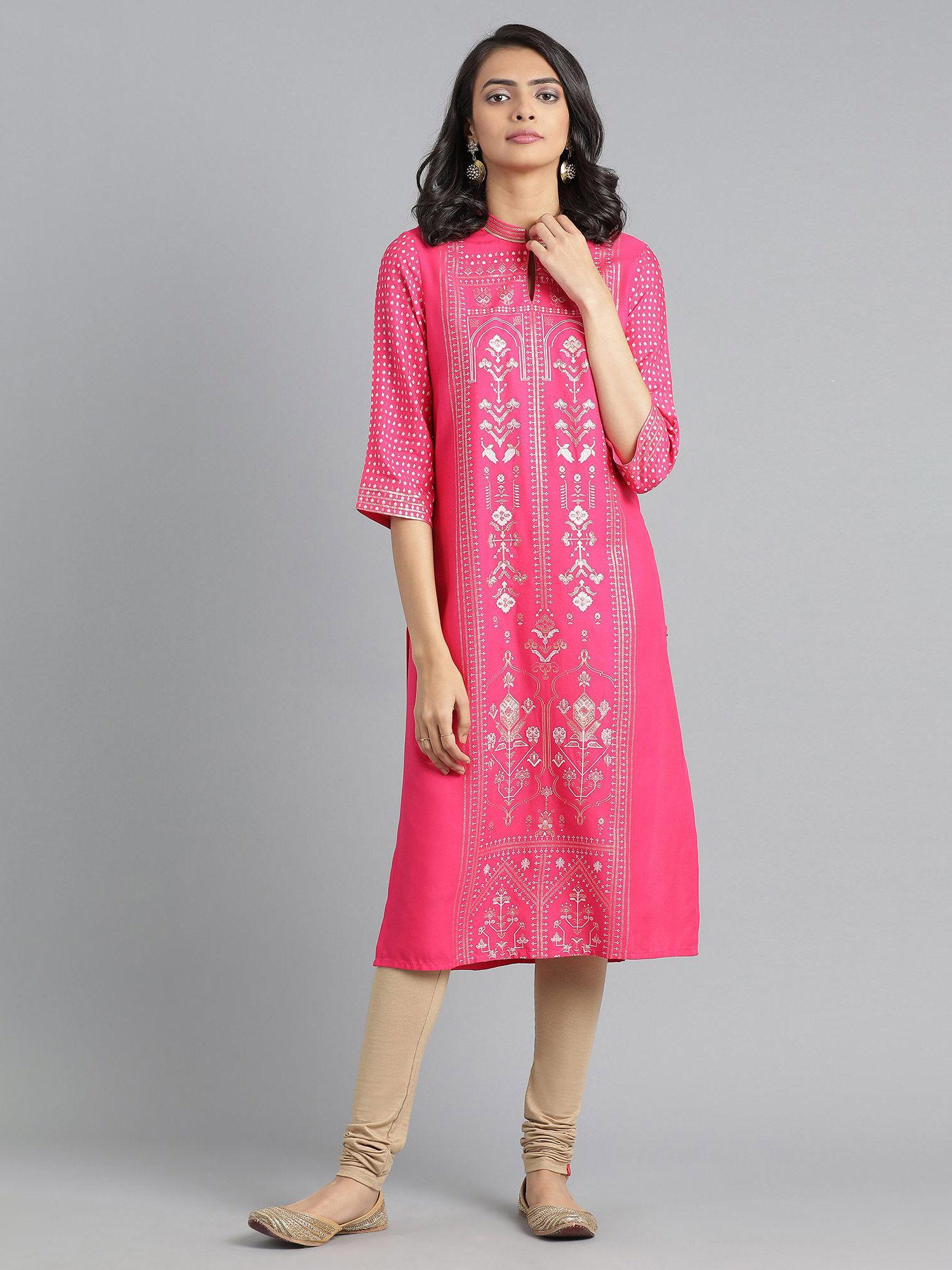 pink mandarin neck printed kurta