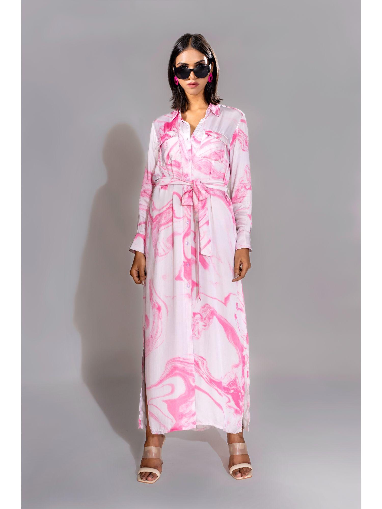 pink marble print satin maxi dress with belt (set of 2)