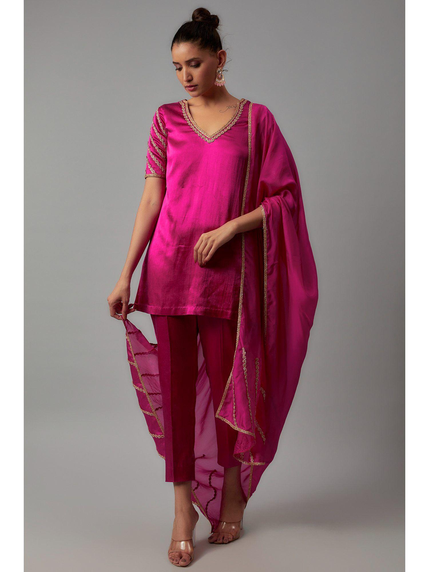 pink mashru silk short kurta (set of 3)