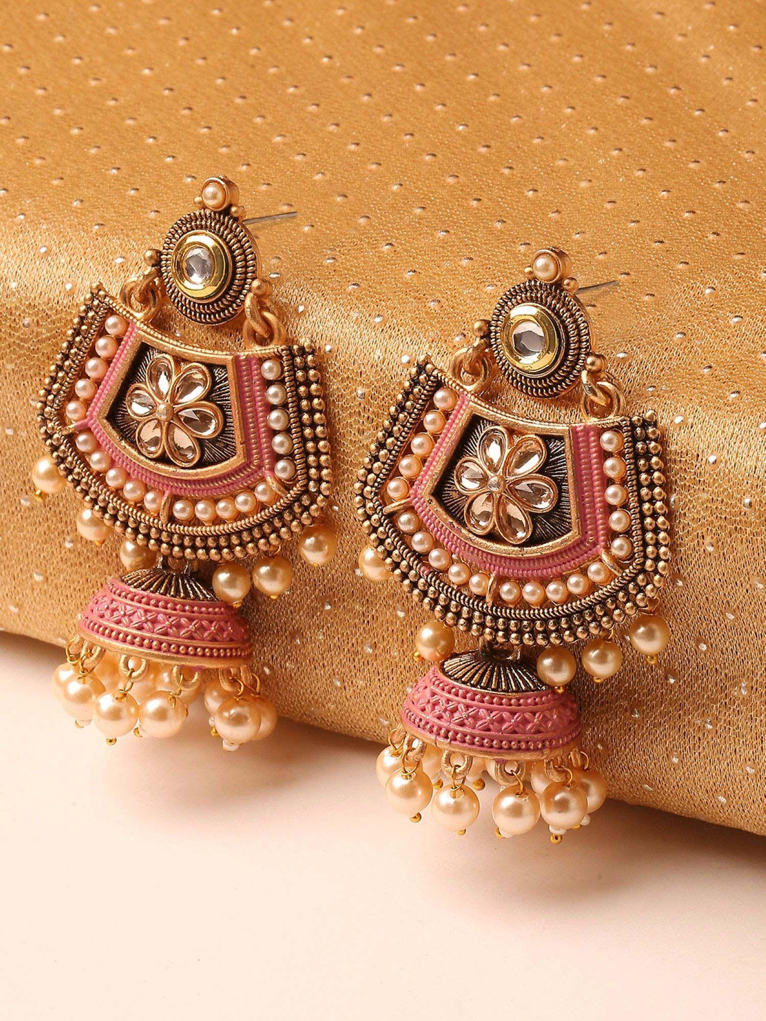 pink meenakari and kundan pearls floral large drop jhumka earring