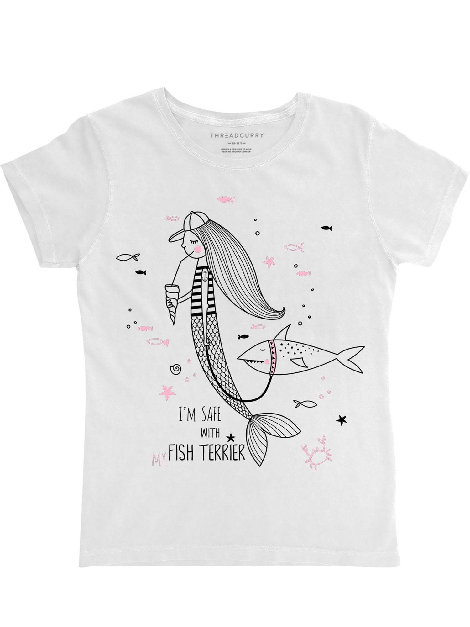 pink mermaid girls graphic printed t-shirt - white