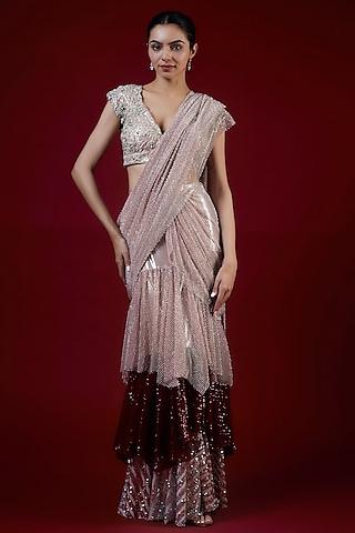 pink mesh & shimmer lycra layered saree set