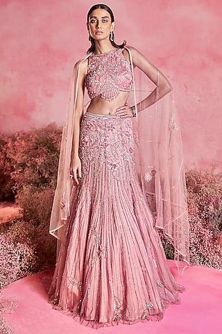 pink mesh hand embroidered fish-cut lehenga set