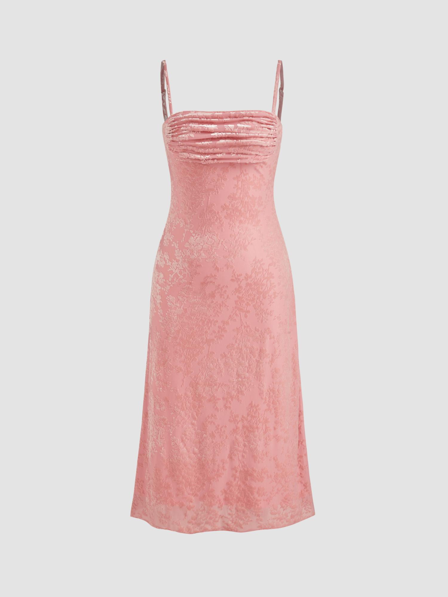 pink mesh ruched square neck floral midi dress