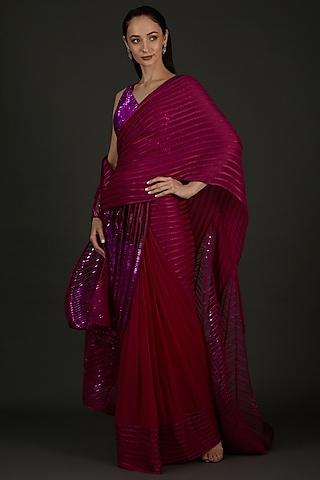 pink metallic & chiffon draped saree set