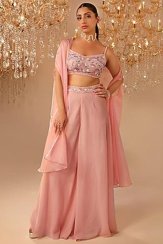 pink metallic georgette cape set