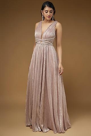 pink micro pleated lame embroidered gown