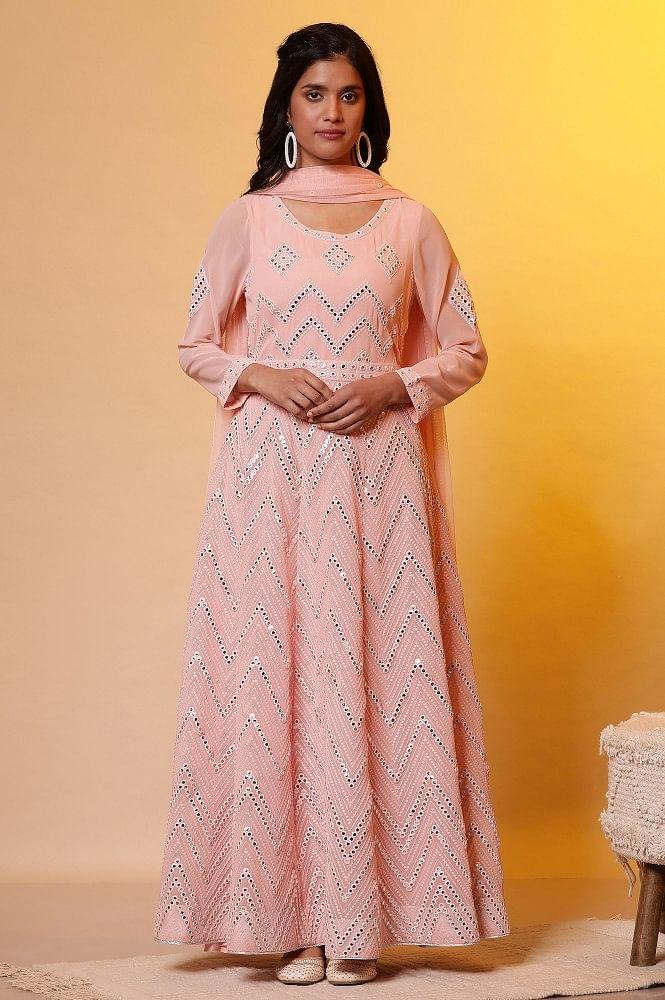 pink mirror embroidered anarkali dress and dupatta set