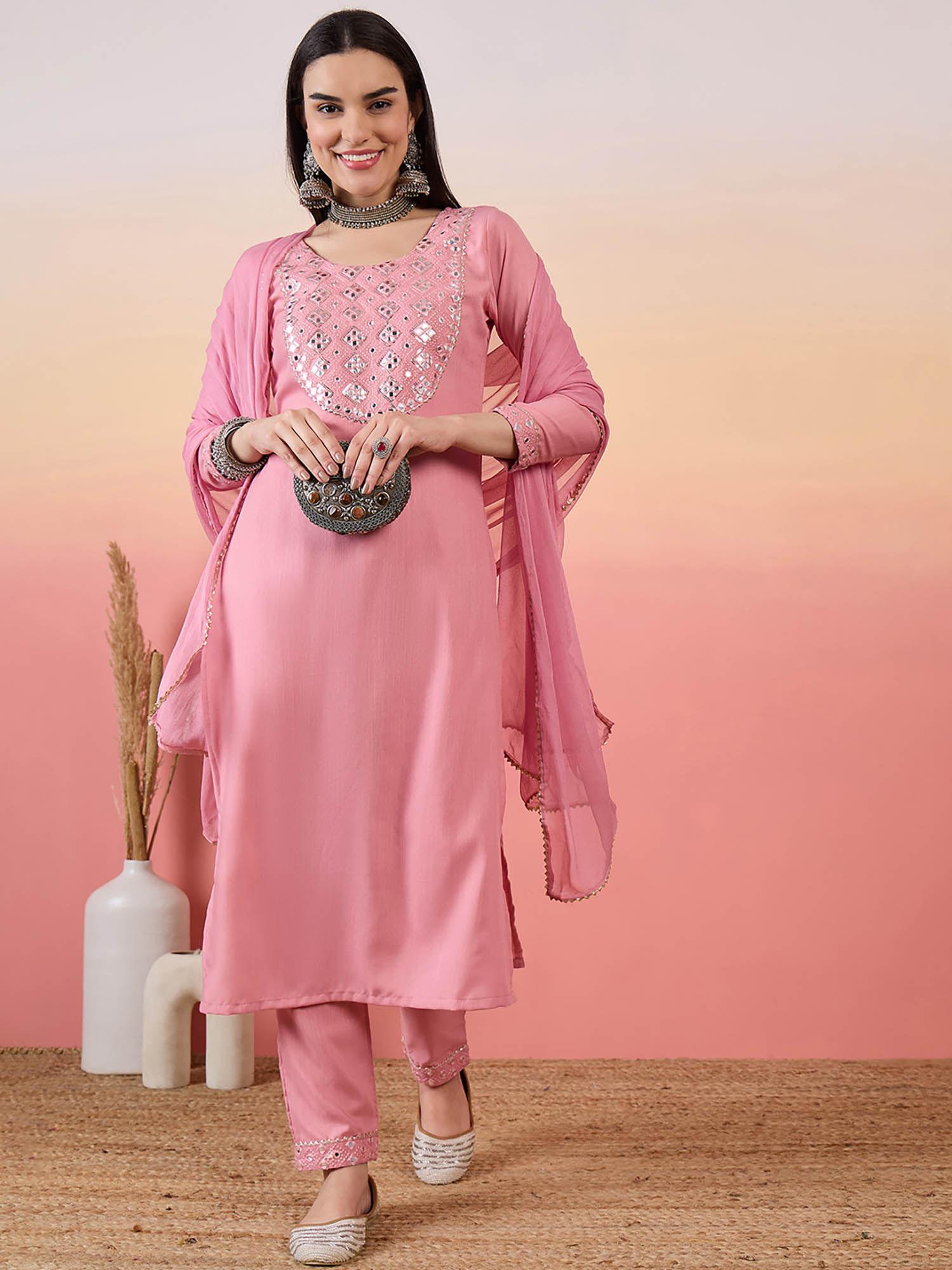 pink mirror work kurta with pant and dupatta (set of 3)