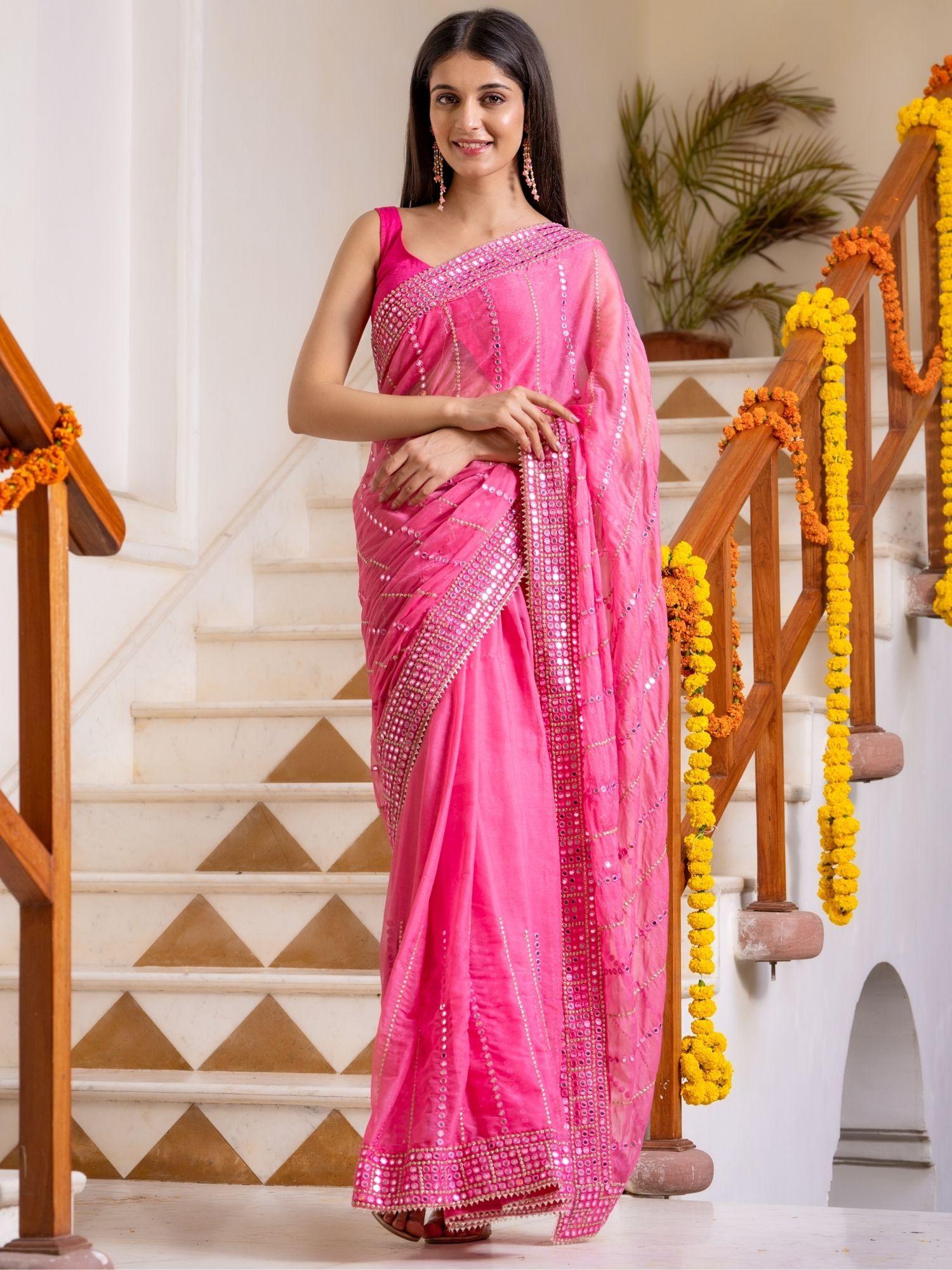 pink mirror work saree without blouse