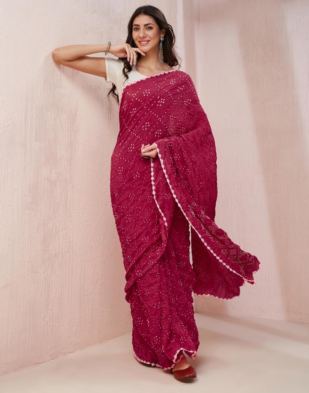 pink modal bandhani sari