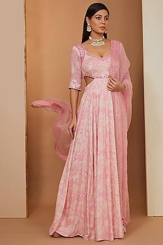 pink modal floral printed & mirror embroidered anarkali set