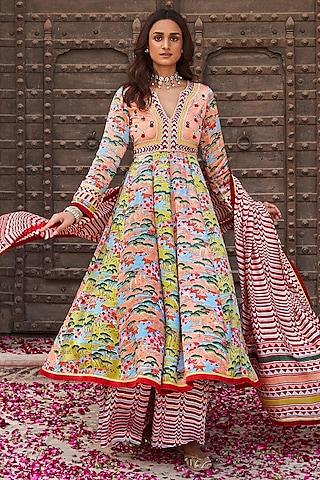 pink modal satin hand block printed anarkali set