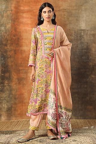 pink modal satin handblock printed a-line kurta set