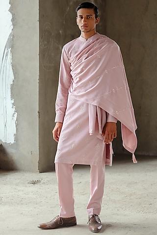 pink modal satin silk sequins hand embroidered kurta set